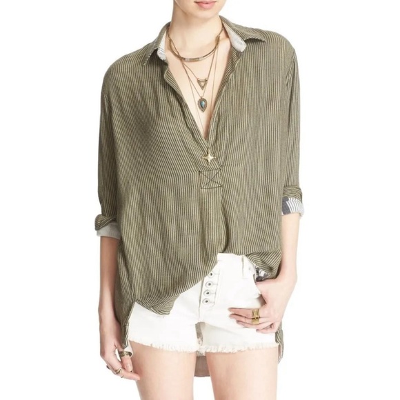 FREE PEOPLE On The Road Green Striped Blouse oversized Medium - Picture 3 of 4